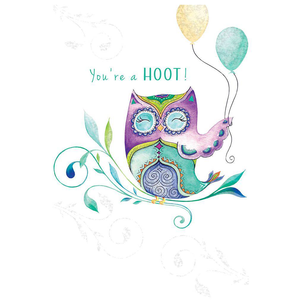 Colorful Happy Owl birthday card by Pictura featuring a cheerful owl illustration on a festive background.